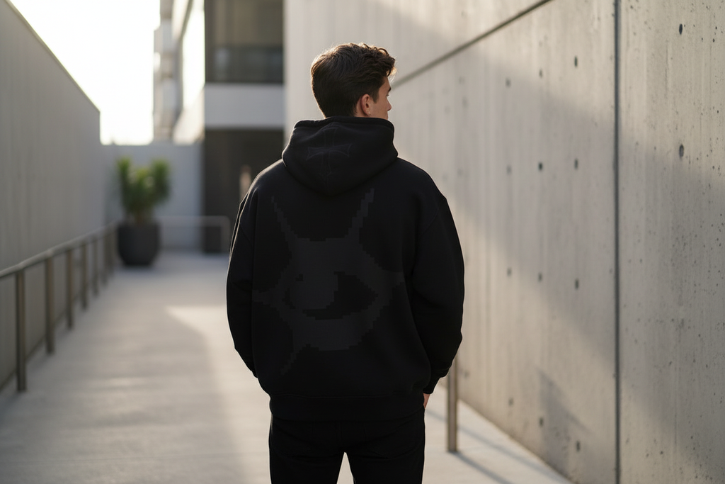 Black ZYRO Hoodie back view lifestyle shot