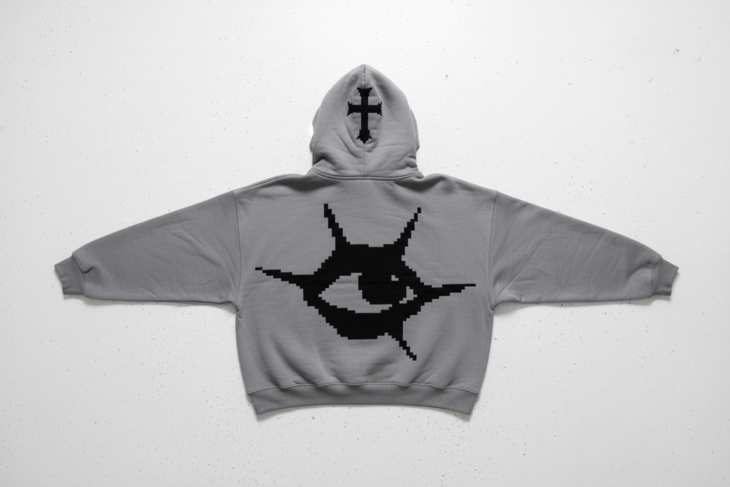 Grey ZYRO Hoodie back view from above on white cement floor