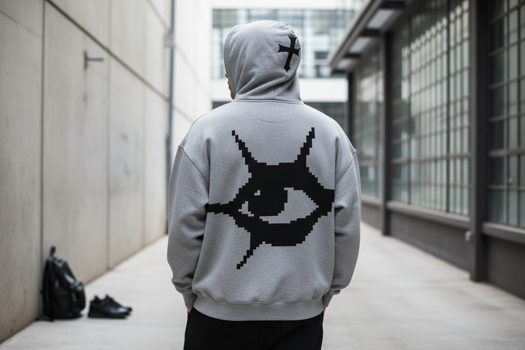 Grey ZYRO Hoodie back view lifestyle shot