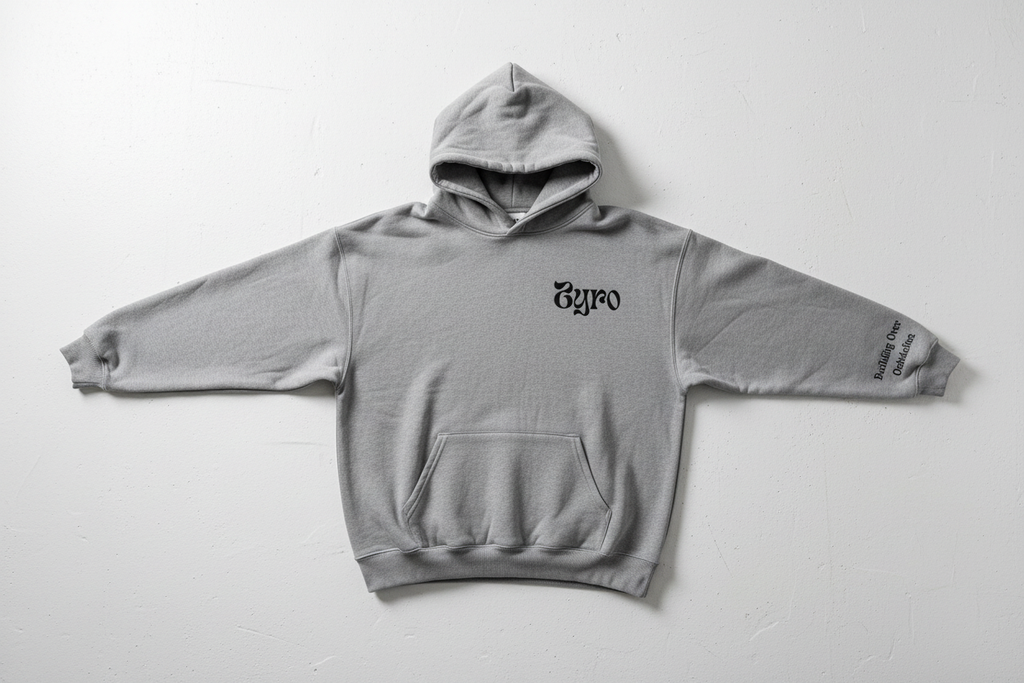 Grey ZYRO Hoodie from above on white cement floor