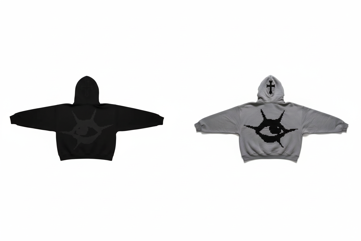 Two hoodies spaced apart - black and grey with shark design