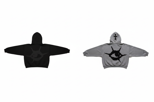 Two hoodies spaced apart - black and grey with shark design